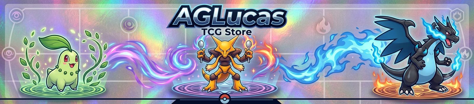 AGLucas TCG Store banner: Chikorita, Alakazam and Mega Charizard X